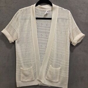 Grandoe Short Sleeve Open Front Cream Cardigan Boho Coastal Cottage Pockets